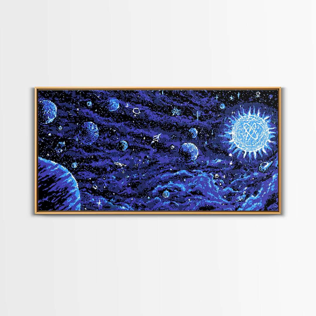 Pixel Space Landscape With Blue Planets Wall Art, Retro Sci Fi Poster, Modern Digital Art Print, Cosmic Game Room Decor Gift