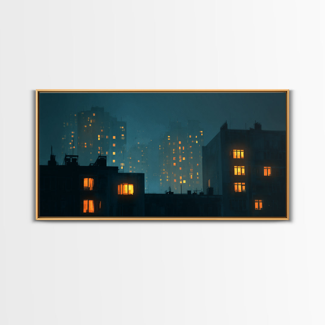 Foggy Teal Apartment Windows Canvas Print, Moody City Nightscape, Modern Wall Art, Urban Bedroom Decor, Home Office Art