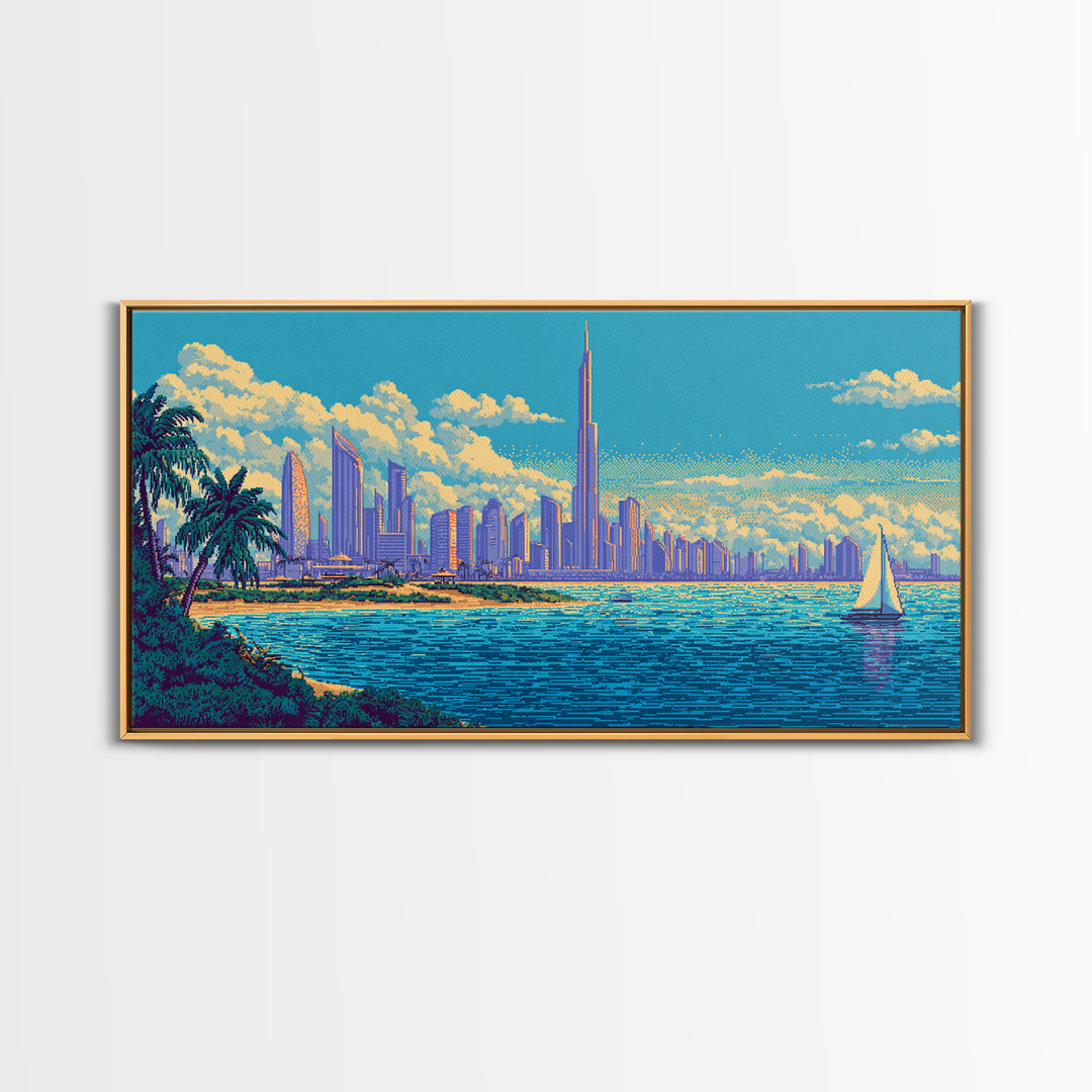 Futuristic Coastal Skyline With Palm Trees Canvas Print, Modern Wall Art, Retro Travel Poster, Tropical Living Room Decor