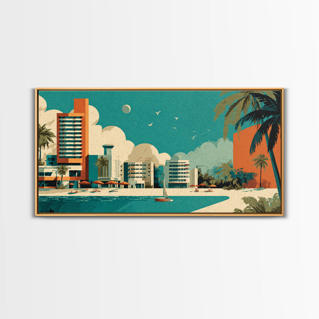 Retro Beachfront Resort With Palms Wall Art, Mid Century Modern Coastal Travel Poster, MCM Decor, Turquoise Lagoon Print