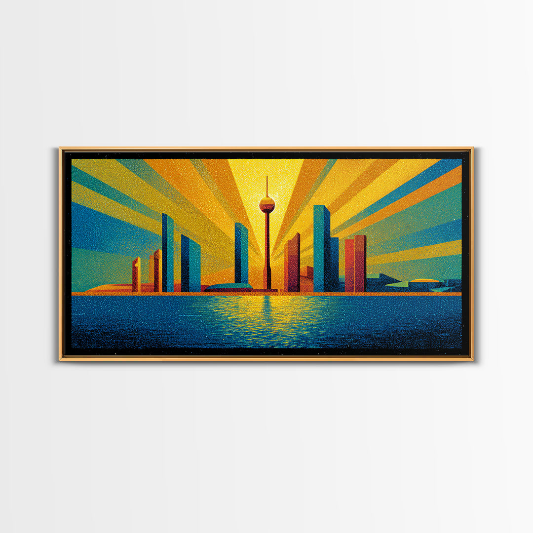 Bold Seattle Skyline Sunrise Wall Art, Mid Century Modern Abstract Cityscape, Space Needle Poster, Retro Geometric Decor
