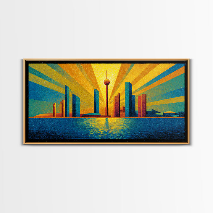 Bold Seattle Skyline Sunrise Wall Art, Mid Century Modern Abstract Cityscape, Space Needle Poster, Retro Geometric Decor