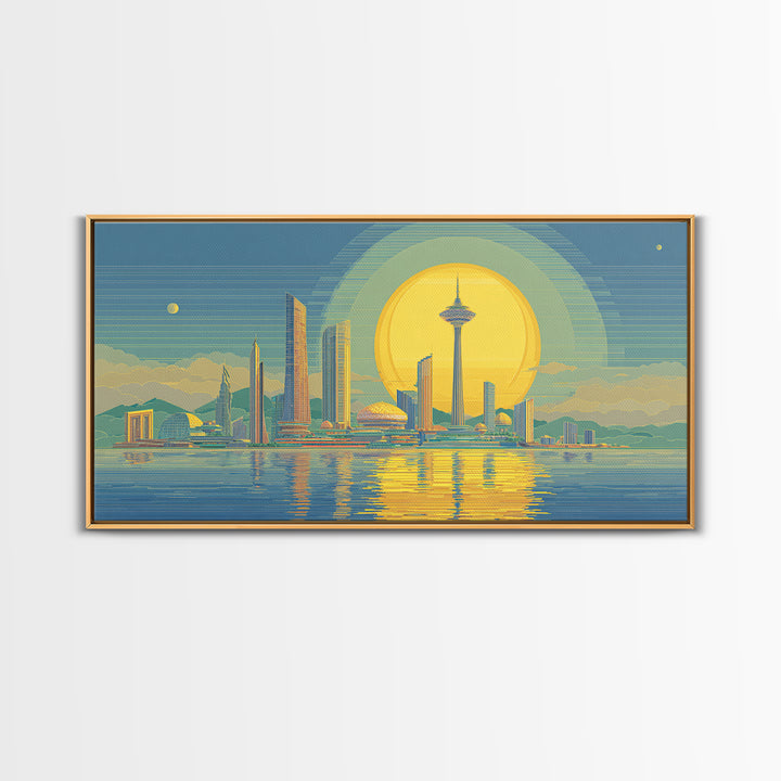 Golden Seattle Skyline At Sunset Framed Canvas Print, Mid Century Modern Wall Art, Futuristic Cityscape Poster, MCM Home Decor