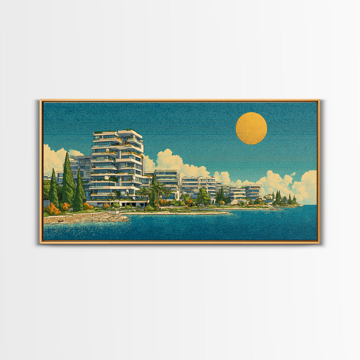 Modern Lakeside Condos With Golden Sun Wall Art, Mid Century Modern Coastal Decor, Mediterranean Lake House Architecture Print