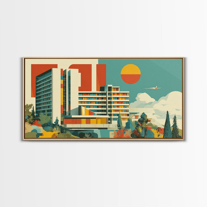 Bauhaus Modernist Hotel Architecture Canvas Print, Mid Century Modern Wall Art, Geometric Orange Sun Poster, MCM Decor Print