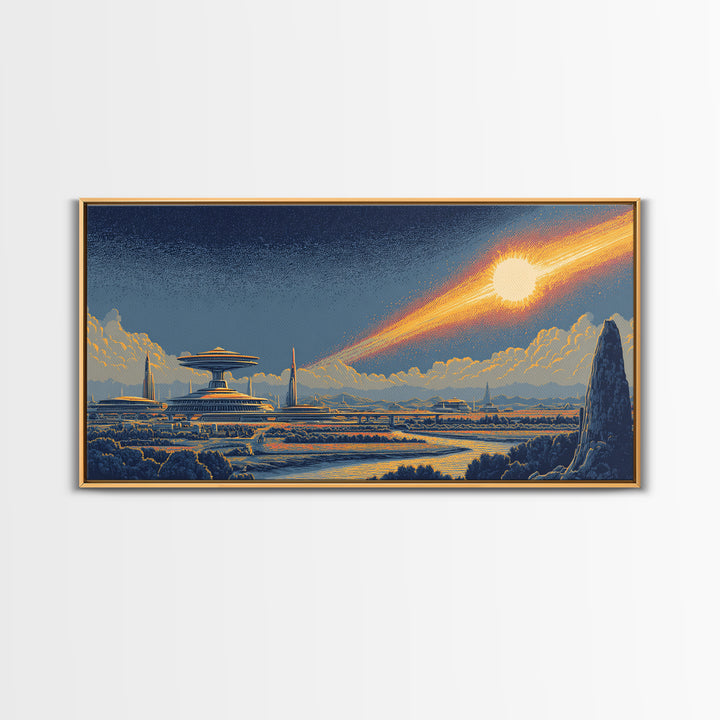 Retro Futuristic City With Meteor And Spaceport Canvas Print, Mid Century Modern Sci Fi Wall Art, Cosmic Skyline Poster Decor