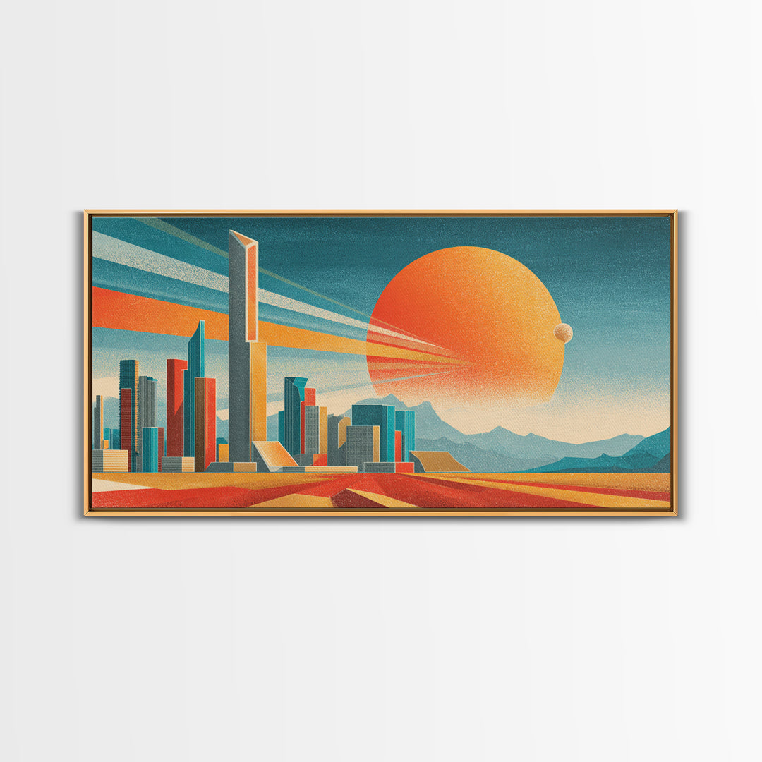Teal Orange Futuristic Skyline Canvas Print, Midcentury Modern Cityscape, Retro Space Poster, Modern Wall Decor, Large MCM Art