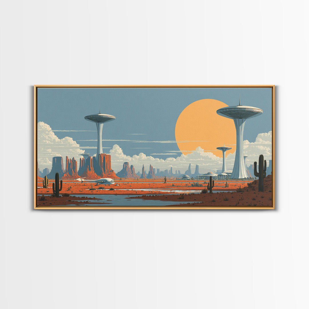Alien Desert UFO Towers Framed Canvas Print, Midcentury Modern Sci Fi Landscape, Retro Wall Art, Cactus Decor, MCM Poster