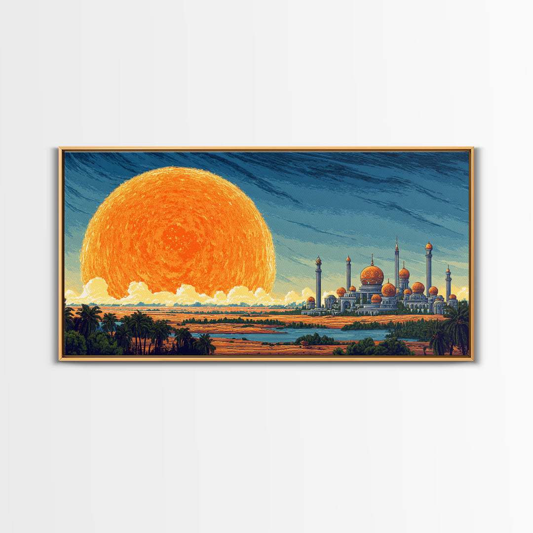 Giant Sun Desert Palace Wall Art, Midcentury Modern Landscape, Islamic Architecture Poster, Orange Blue Living Room Decor