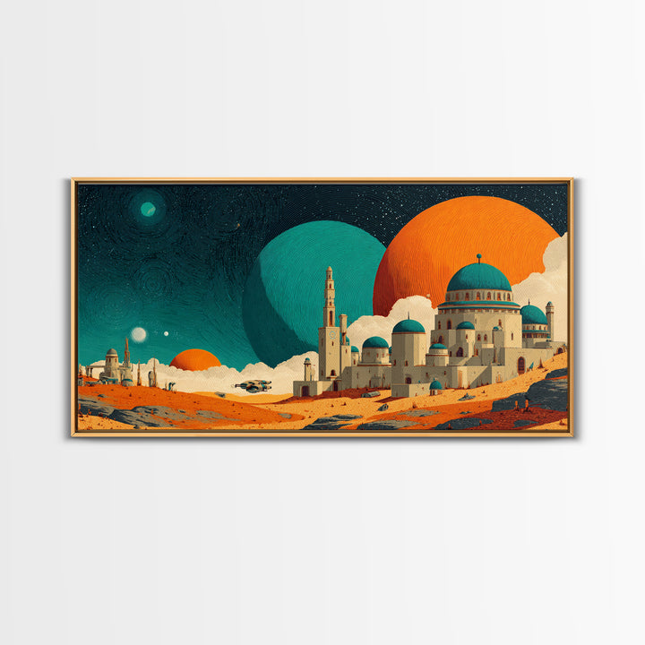 Teal Planet Desert Dome City Canvas Print, Midcentury Modern Sci Fi Wall Art, Retro Space Poster, Orange MCM Home Decor Art