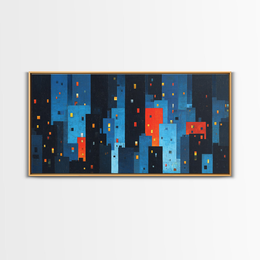 Red And Blue Abstract City Canvas Print, Blocky Urban Skyline, Midcentury Modern Art, Geometric Wall Decor, Home Office Art Print