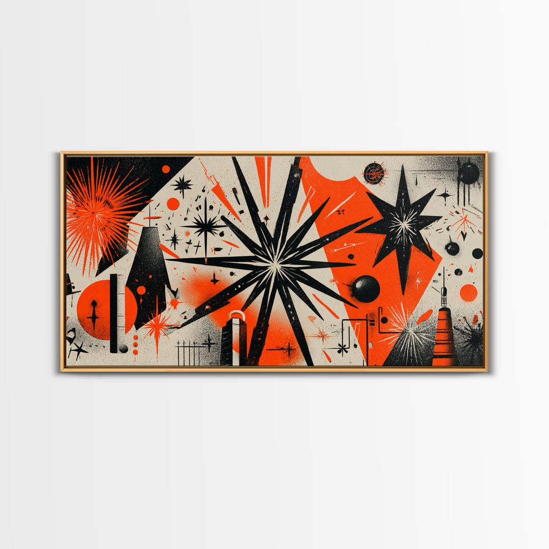 Orange Black Atomic Starburst Wall Art, Midcentury Modern Abstract, Retro 50s Space Age Poster, MCM Geometric Wall Decor