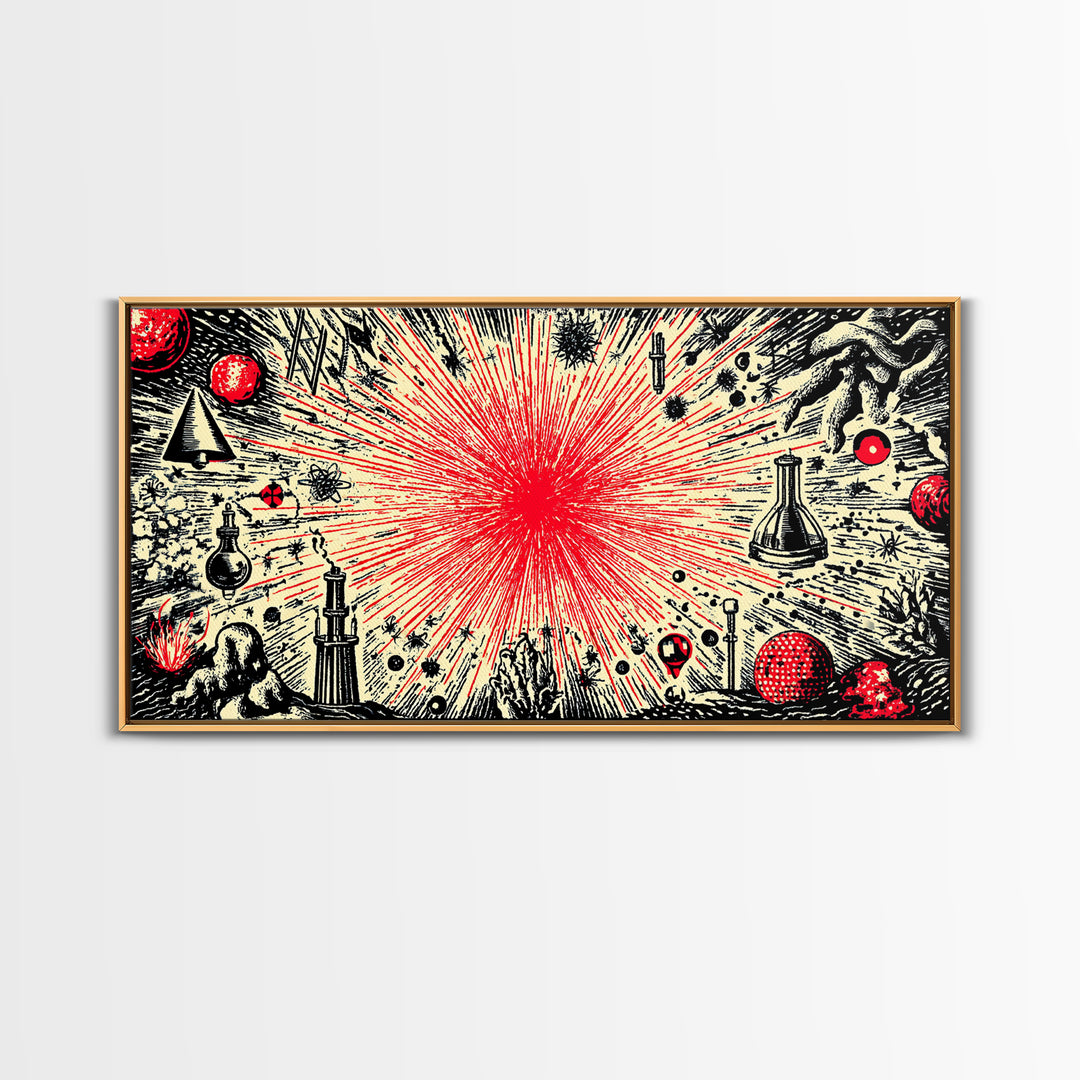 Red Atomic Starburst Science Collage Wall Art, Midcentury Modern Art Print, Retro Space Poster, MCM Wall Decor, Atomic Ranch Home Decor