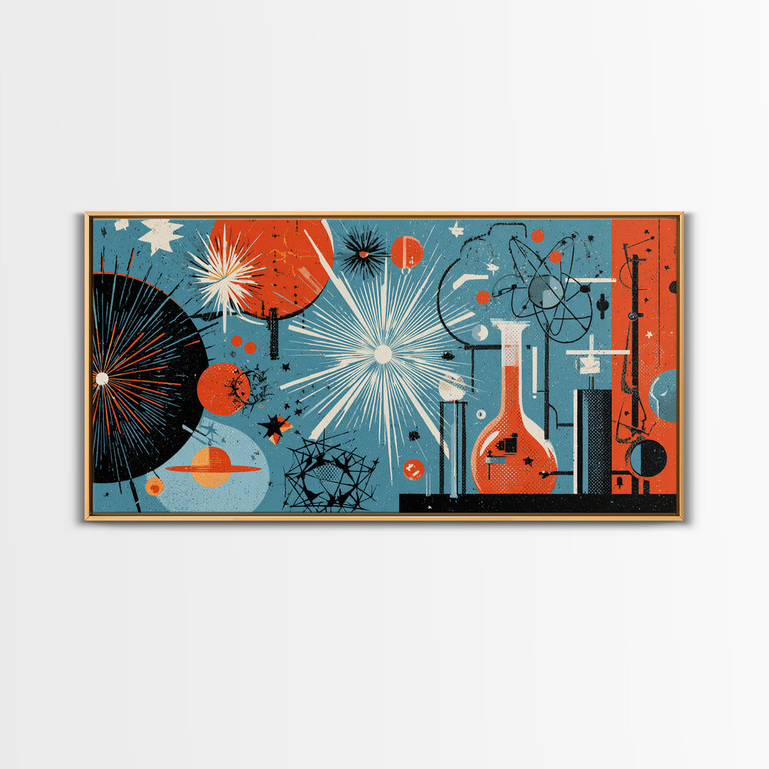 Blue Orange Atomic Laboratory Wall Art, Midcentury Modern Art Print, Retro Science Poster, Geometric MCM Home Decor, Living Room Decor