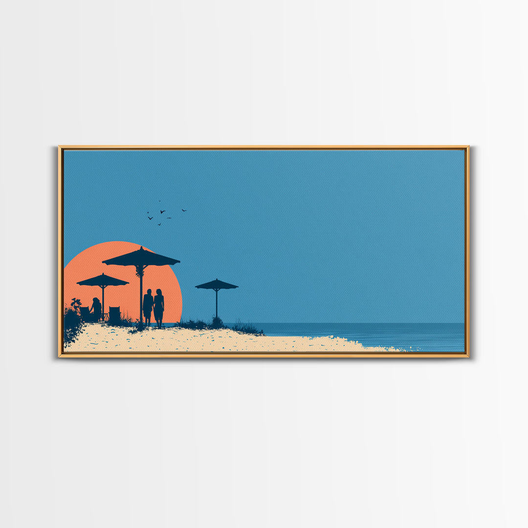 Orange Sunset Beach Wall Art, Silhouette Umbrellas And Couple Print, Retro Coastal Poster, Modern Tropical Decor For Bedroom