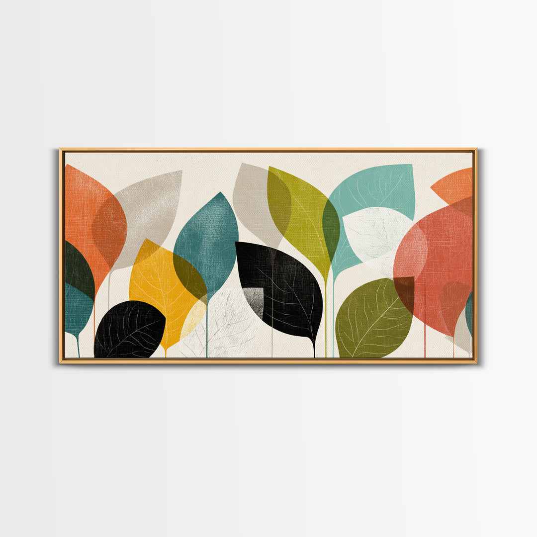 Abstract Overlapping Leaves In Teal Orange Yellow Wall Art, Midcentury Modern Botanical Print, Retro Living Room Decor Gift
