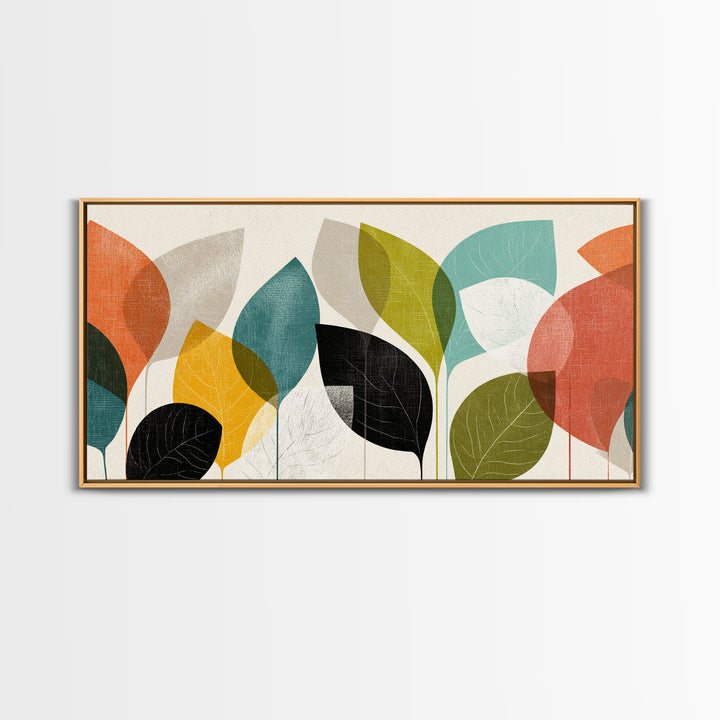 Abstract Overlapping Leaves In Teal Orange Yellow Wall Art, Midcentury Modern Botanical Print, Retro Living Room Decor Gift