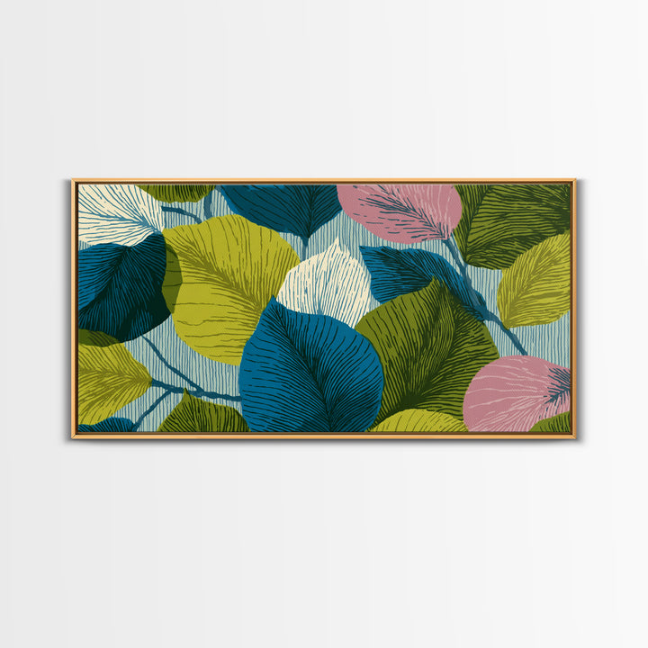 Layered Ginkgo Leaves In Blue Green Pink Canvas Print, Midcentury Modern Botanical Wall Decor, Colorful Living Room Art Print