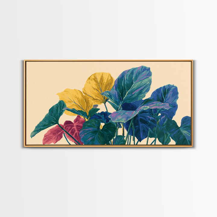 Vibrant Tropical Foliage In Yellow Teal Pink Wall Art, Midcentury Modern Botanical Print, Colorful Boho Living Room Decor