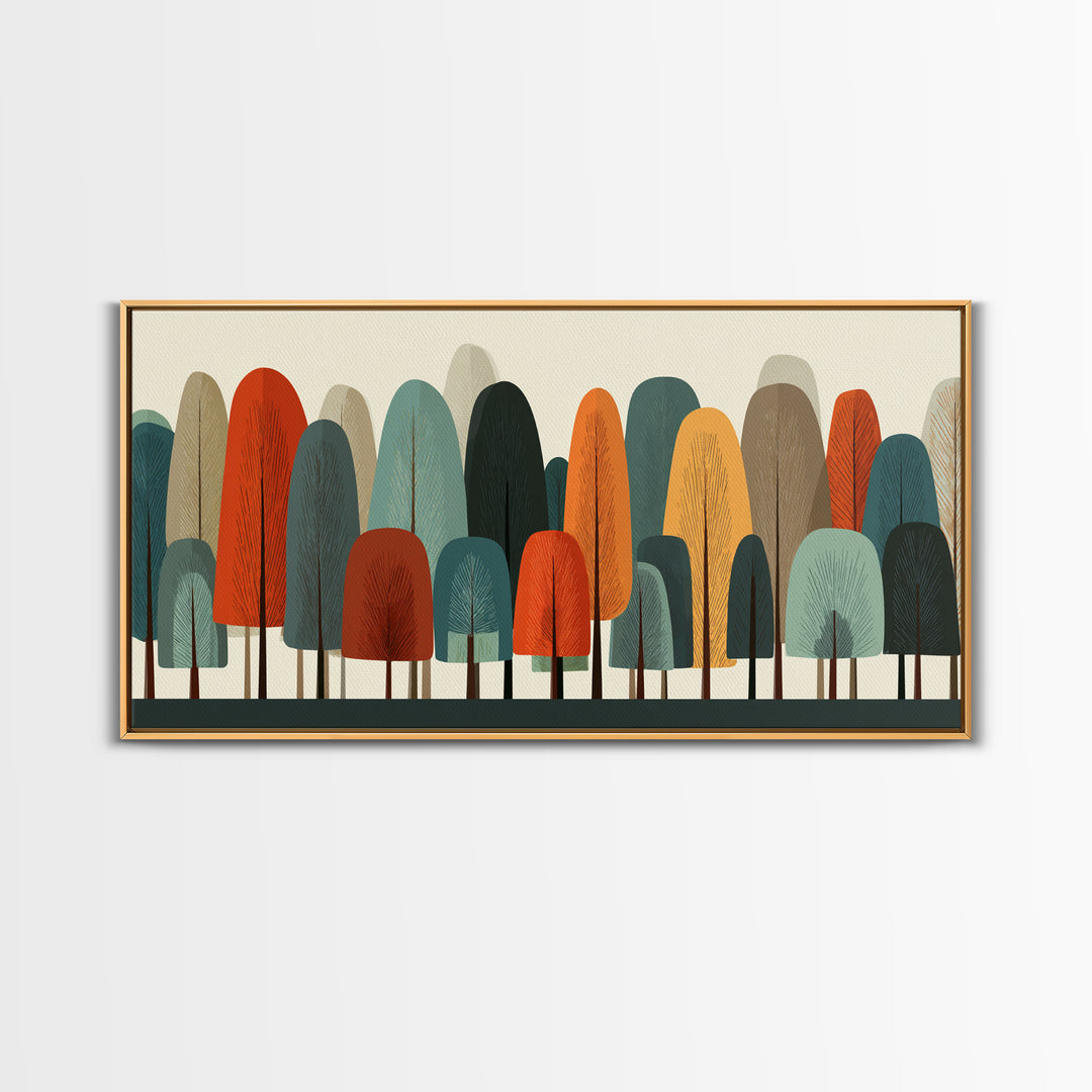 Minimal Rounded Tree Grove In Orange Teal Mustard Wall Art, Midcentury Modern Forest Print, Retro Nursery Or Office Decor