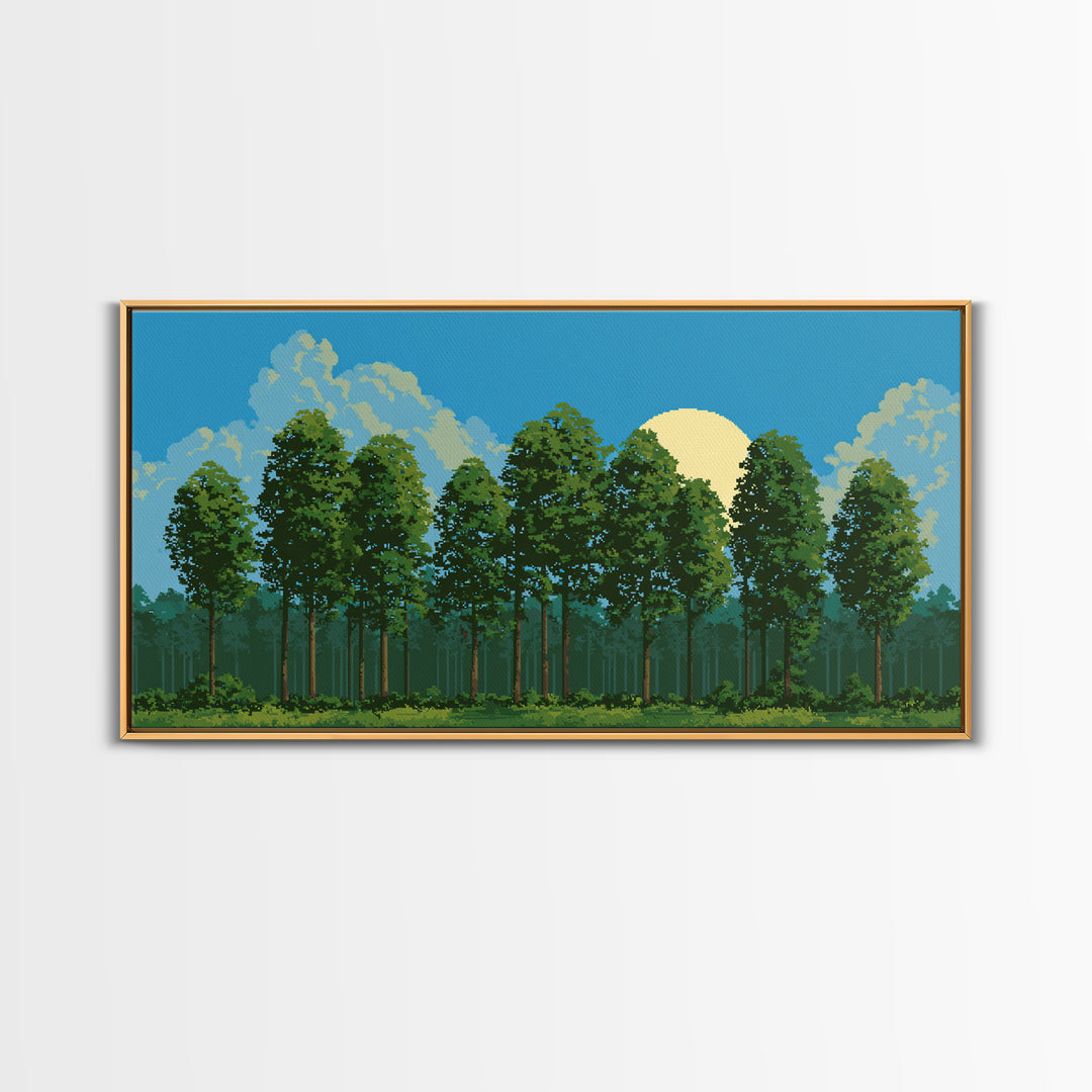 Sunlit Green Forest Landscape With Moonrise Canvas Print, Nature Wall Art, Retro Scenic Living Room And Cabin Decor Gift