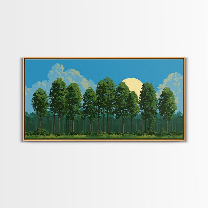 Sunlit Green Forest Landscape With Moonrise Canvas Print, Nature Wall Art, Retro Scenic Living Room And Cabin Decor Gift