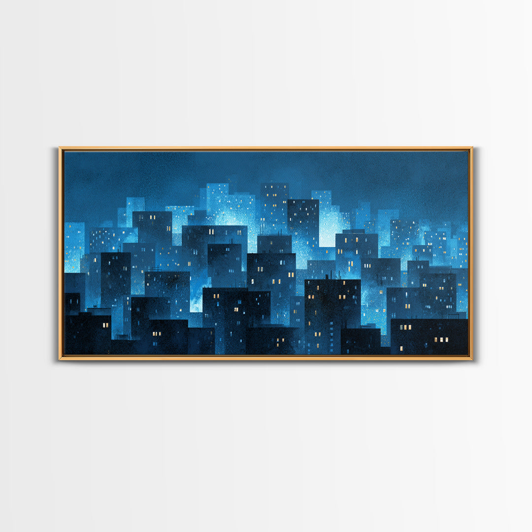 Misty Blue Urban Skyline Framed Canvas Print, Snowy City Lights, Modern Wall Art, Large Abstract Decor, Office Wall Art Print