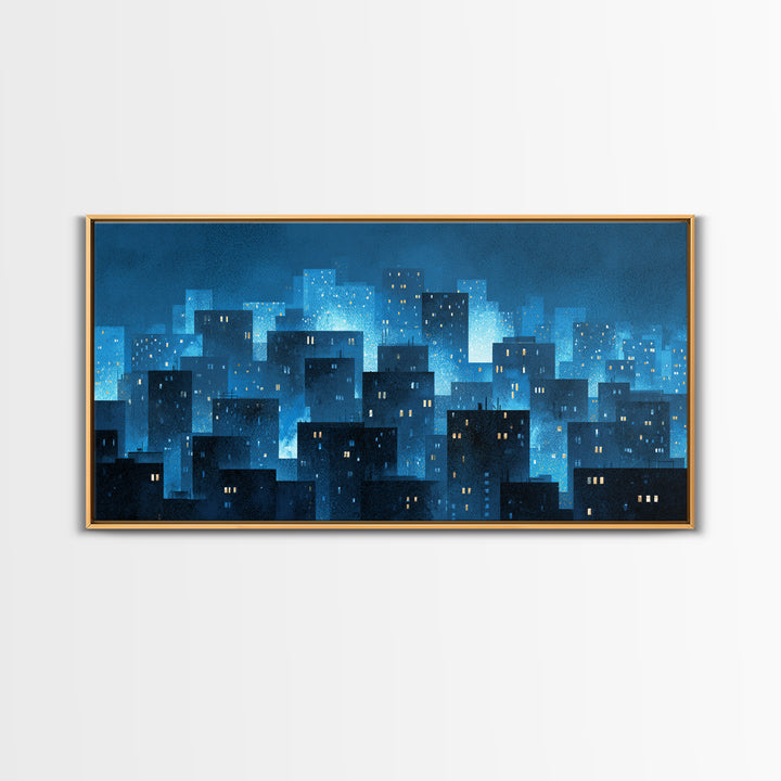 Misty Blue Urban Skyline Framed Canvas Print, Snowy City Lights, Modern Wall Art, Large Abstract Decor, Office Wall Art Print