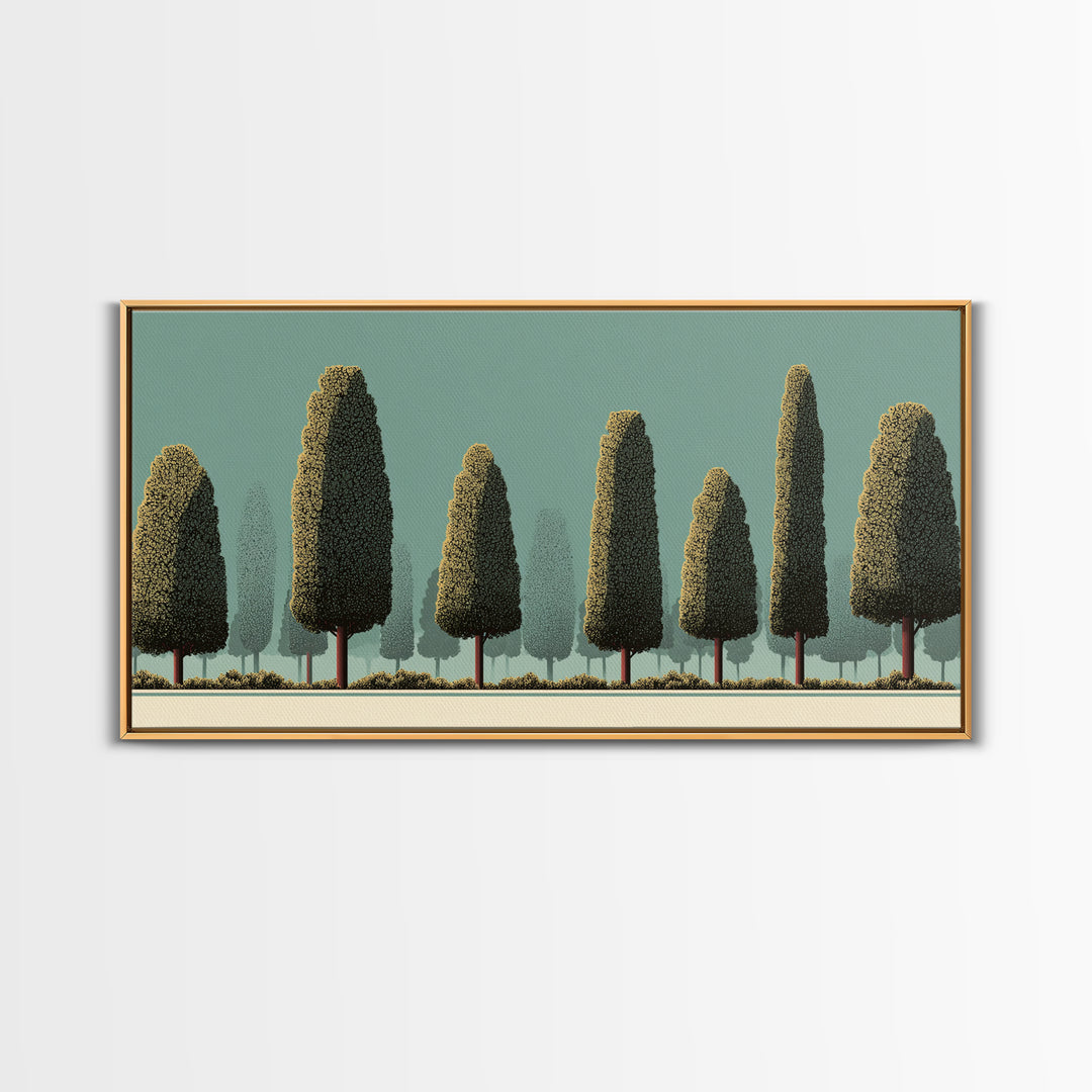 Stylized Cypress Tree Grove Wall Art, Midcentury Modern Landscape Print, Sage Green Retro Decor, Nature Living Room Art Print