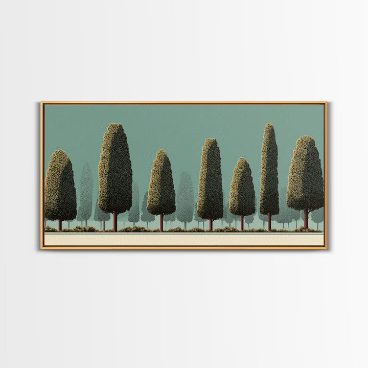 Stylized Cypress Tree Grove Wall Art, Midcentury Modern Landscape Print, Sage Green Retro Decor, Nature Living Room Art Print