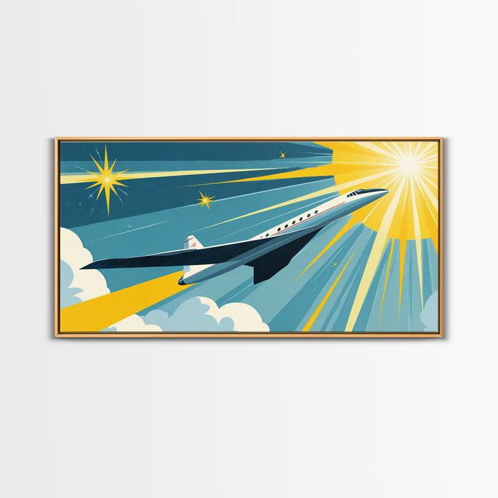 White Supersonic Jet In Sunlit Sky Canvas Print, Mid Century Modern Wall Art, Retro Travel Poster, Space Age Home Decor Print