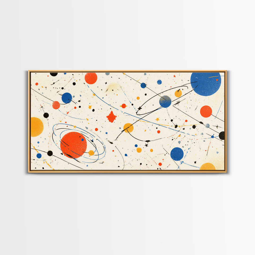 Playful Orbiting Planets And Stars Canvas Print, Atomic Mid Century Modern Wall Art, Retro Space Poster, Kids Room Decor