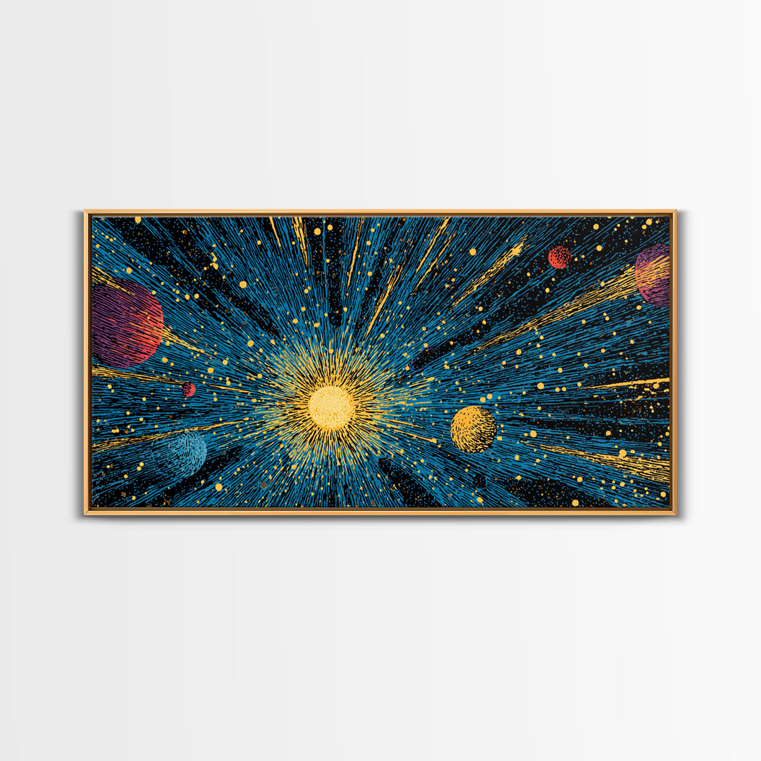 Radiant Sun And Planets In Deep Space Wall Art, Cosmic Retro Sci Fi Poster, Mid Century Modern Decor, Galaxy Print, Home Decor