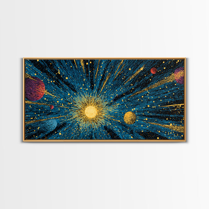 Radiant Sun And Planets In Deep Space Wall Art, Cosmic Retro Sci Fi Poster, Mid Century Modern Decor, Galaxy Print, Home Decor