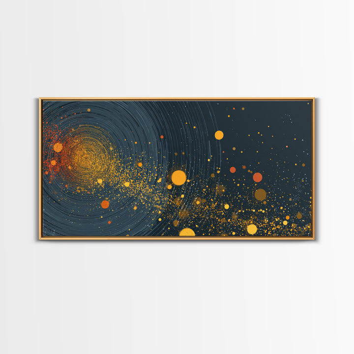 Orange Cosmic Spiral And Star Fields Framed Canvas Print, Abstract Space Wall Art, Mid Century Modern Decor, Galaxy Poster