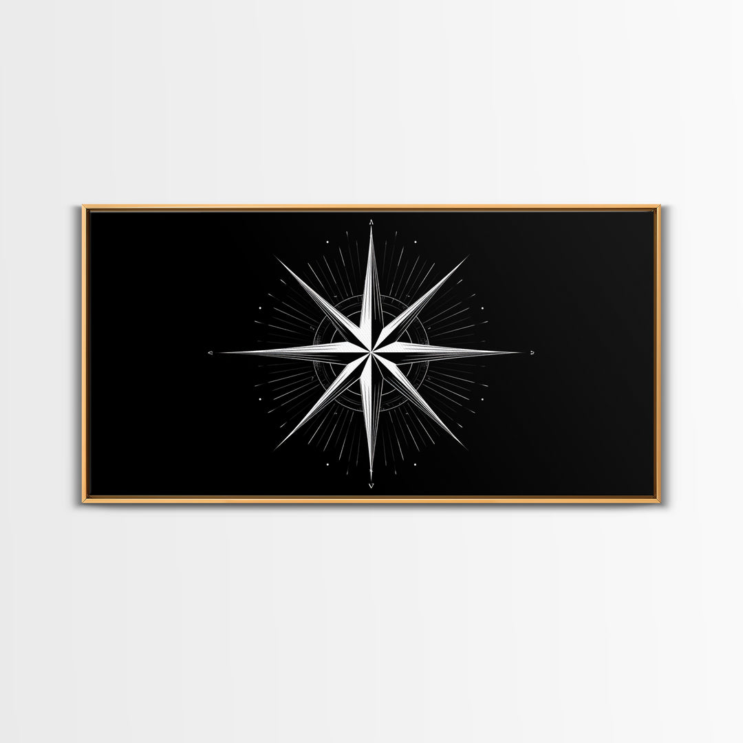 Minimal White Compass Star Wall Art, Black And White Geometric Print, Nautical Modern Wall Decor, Celestial Office Poster