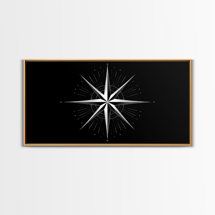 Minimal White Compass Star Wall Art, Black And White Geometric Print, Nautical Modern Wall Decor, Celestial Office Poster
