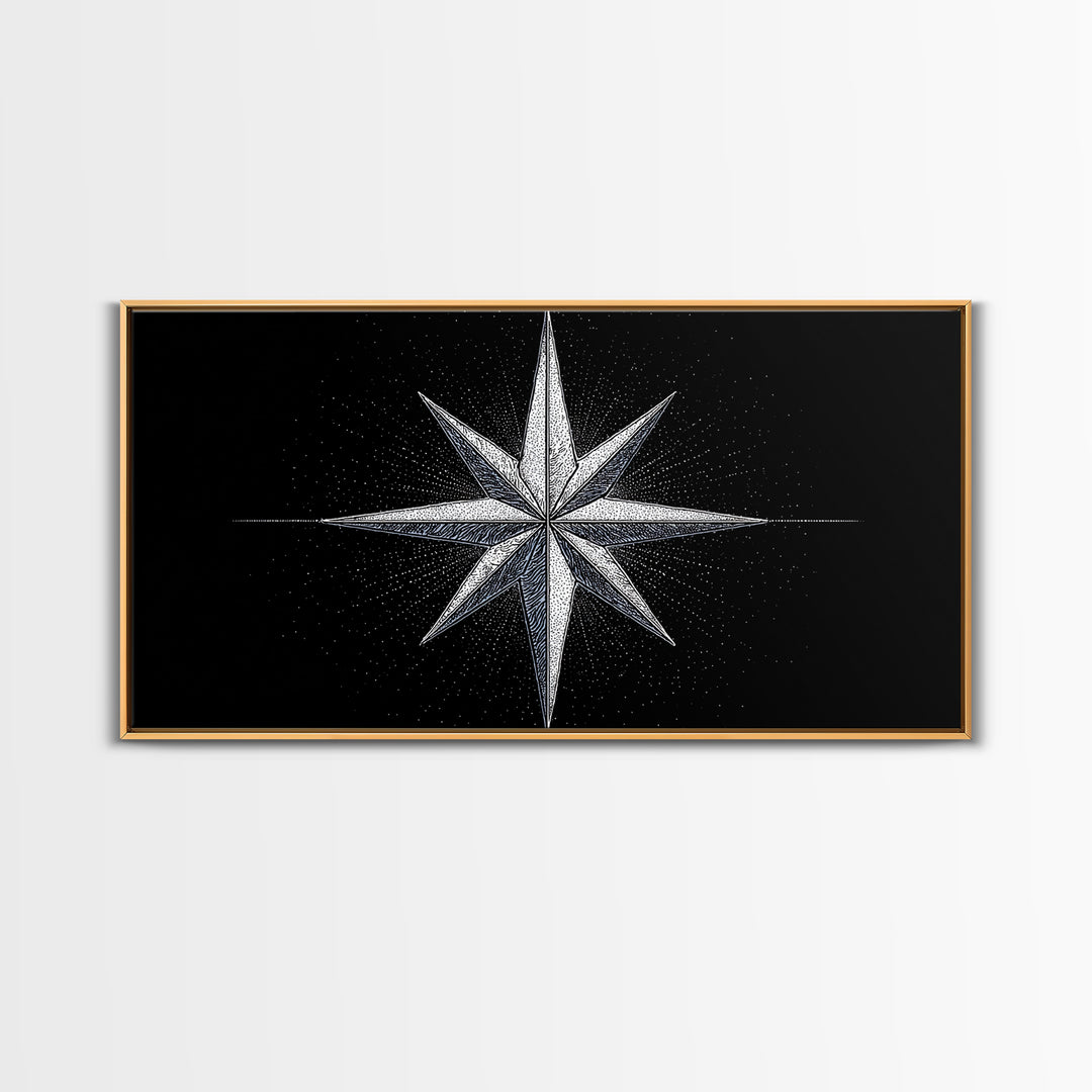 Stippled Compass Rose Canvas Print, Black And White Nautical Star Wall Art, Geometric Modern Poster, Minimal Office Decor