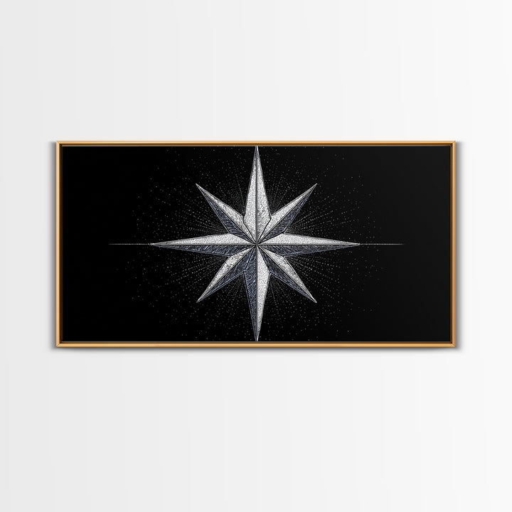 Stippled Compass Rose Canvas Print, Black And White Nautical Star Wall Art, Geometric Modern Poster, Minimal Office Decor