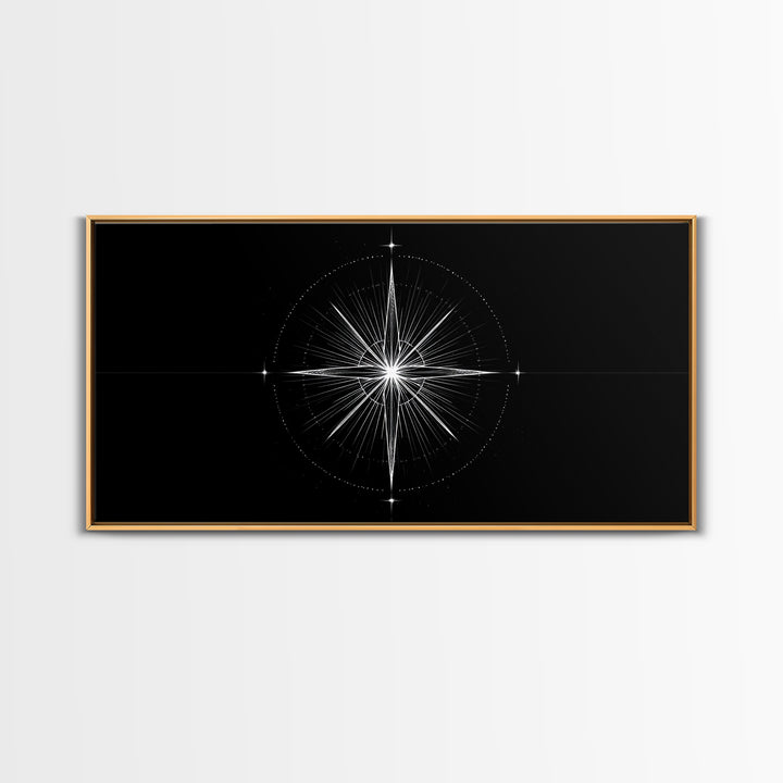 Radiant Compass Star Framed Canvas Print, Black And White Celestial Wall Art, Minimal Geometric Poster, Nautical Decor Gift