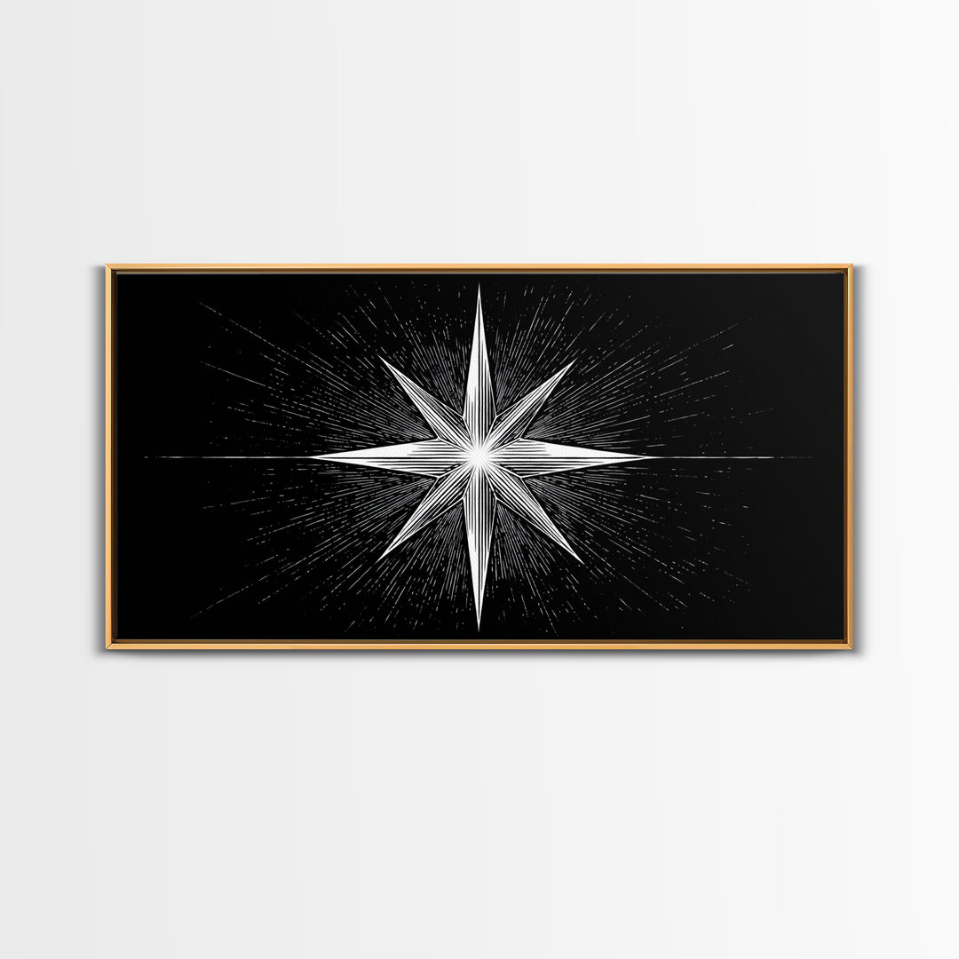 Exploding Compass Star Canvas Print, Black And White Celestial Wall Art, Geometric Nautical Poster, Modern Home Office Decor