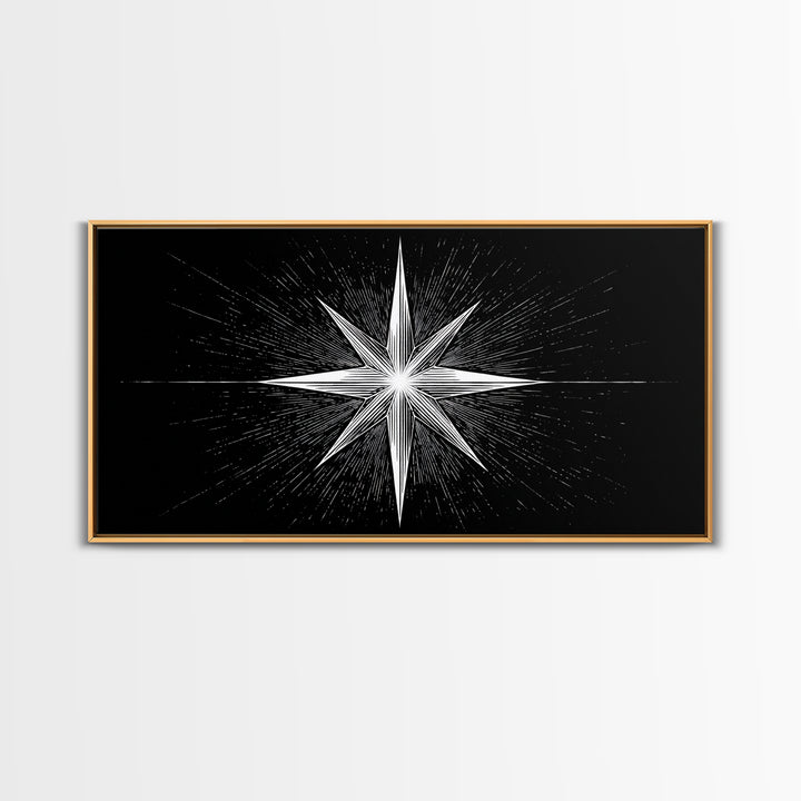 Exploding Compass Star Canvas Print, Black And White Celestial Wall Art, Geometric Nautical Poster, Modern Home Office Decor