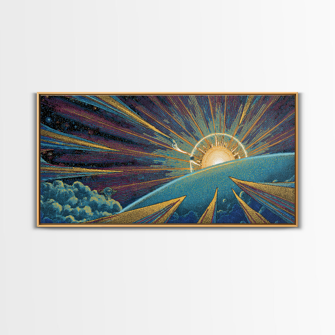 Radiant Sunrise Over Planet Wall Art, Modern Abstract Art Print, Retro Sci Fi Poster, Space Abstract Art, Colorful MCM Decor