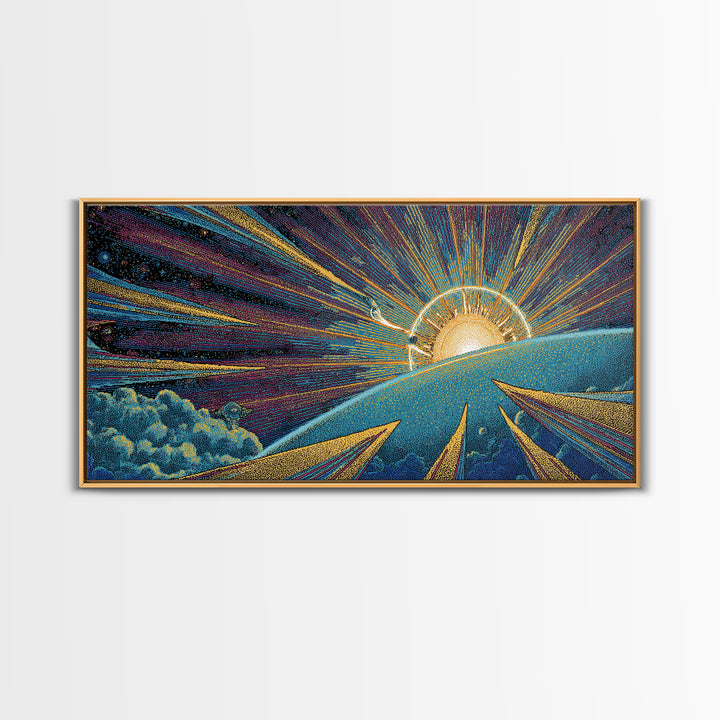 Radiant Sunrise Over Planet Wall Art, Modern Abstract Art Print, Retro Sci Fi Poster, Space Abstract Art, Colorful MCM Decor