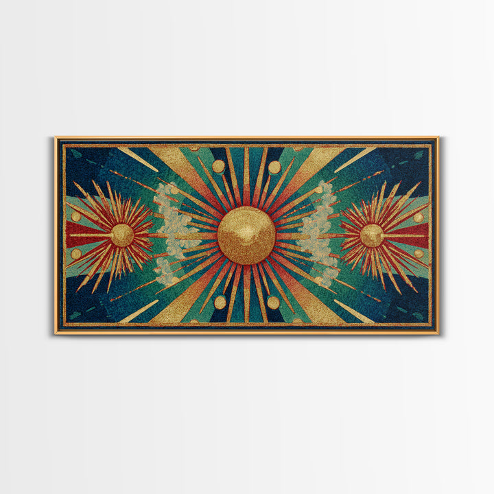 Teal Gold Art Deco Sunburst Wall Art, Midcentury Modern Art Print, Geometric Wall Decor, Retro Atomic Pattern Poster, MCM Home Decor