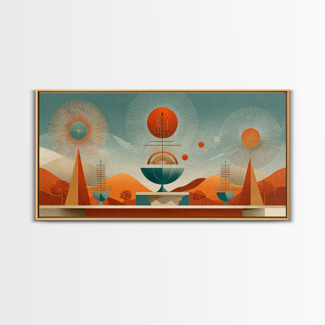Desert Atomic Fountain Wall Art, Midcentury Modern Art Print, Palm Springs Decor, Orange Teal Geometric Poster, MCM Decor