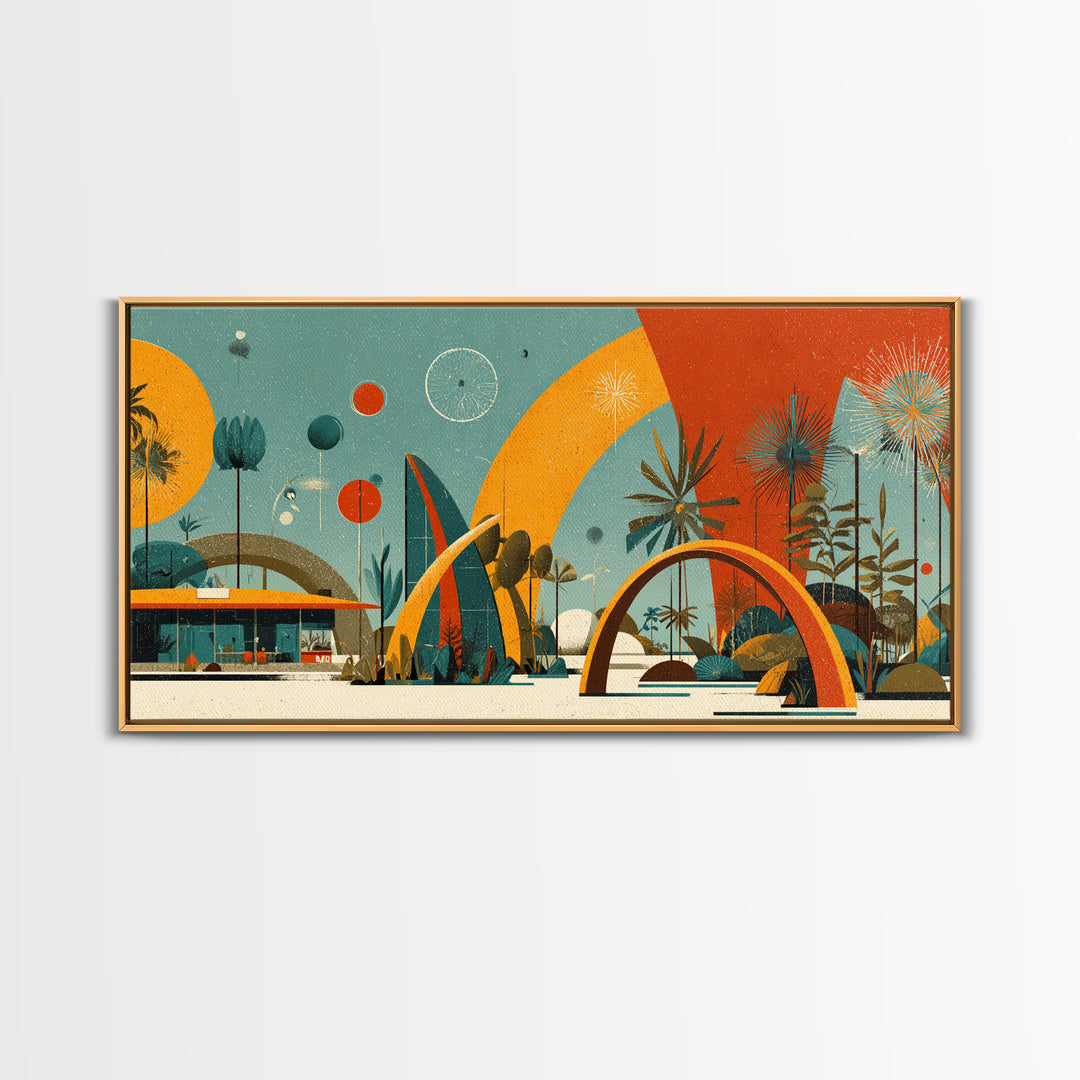 Atomic Desert Resort With Palms And Arches Wall Art, Midcentury Modern Print, Retro Space Age Poster, MCM Home Decor Gift