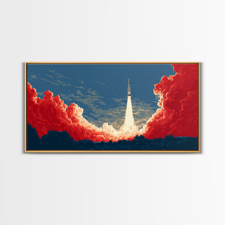 Rocket Launch Through Red Clouds Canvas Print, Retro Sci Fi Poster, Mid Century Modern Wall Art, Bold Space Decor Gift For Him