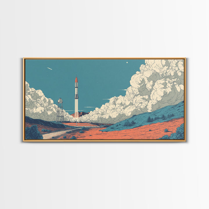 Moonlit Rocket Pad In Blue Desert Wall Art, Midcentury Modern Space Poster, Retro Sci Fi Print, MCM Office Decor Gift Idea