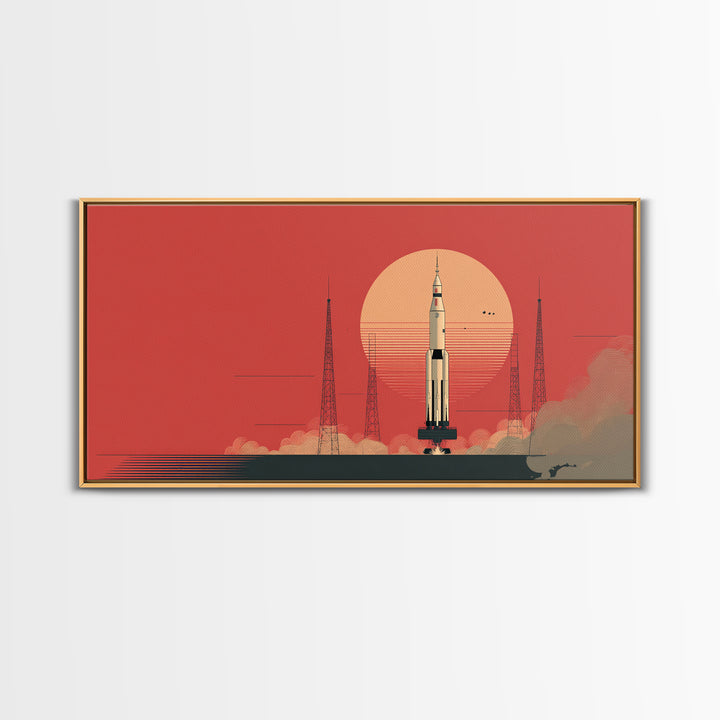Rocket Launch With Coral Sun Canvas Print, Midcentury Modern Space Age Poster, Atomic Wall Art, Retro Home Decor Gift Idea